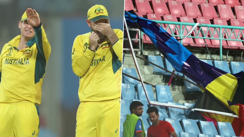 Strong Winds Cause Hoardings to Fall At Ekana Stadium in Lucknow During AUS vs SL ICC Cricket World Cup 2023 Match, Fans Run For Safety (Watch Video)