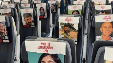 Israel-Hamas War: EL AL Plane Puts Photos of Captive Israelis Being Held by Hamas on Seats of Humanitarian Delivery Flight (Watch Video)