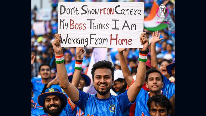 Fan Holds 'My Boss Thinks I Am Working From Home' Placard During IND vs BAN ICC Cricket World Cup 2023 Match in Pune, Picture Goes Viral!