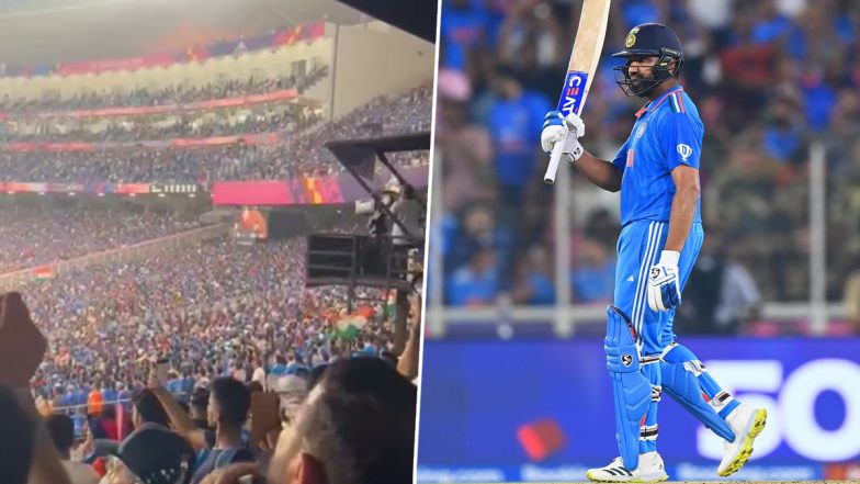 Fans Chant ‘Rohit! Rohit!’ at Narendra Modi Stadium in Ahmedabad As Rohit Sharma’s Blistering 86 Leads India to Seven-Wicket Victory Over Pakistan in CWC 2023, Video Viral!