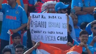 Fans Hold Placard Reading ‘Baap Ka Dada Ka Mahi Bhai Ke Run Out Ka Sabka Badla Lega Tera Chiku’ During IND vs NZ CWC 2023 Match in Dharamsala, Pic Goes Viral!