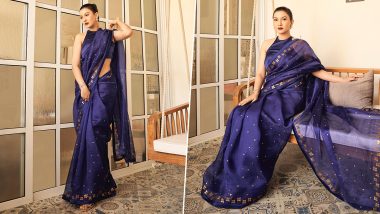 Gauahar Khan Radiates Elegance in Blue and Golden Saree 1.5 Years Post-Pregnancy (View Pic)