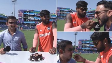 Hardik Pandya Celebrates His Birthday With Gautam Gambhir, Star Sports' Jatin Sapru At the Start of IND vs AFG ICC Cricket World Cup 2023 Match (Watch Video)