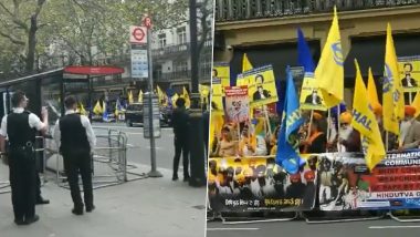 Hardeep Singh Nijjar Killing: Khalistan Supporters Stage Protest Outside Indian High Commission in London, Police Restrict Protestors (Watch Videos)