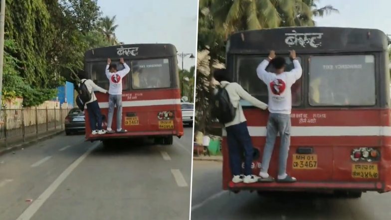 Stunt on BEST Bus in Mumbai Video: Two Students Stand on Small Ledge on Back of Moving Bus in Bandra, Clip Goes Viral