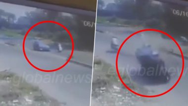 Gujarat Road Accident Video: Speeding Car Rolls Over After Hitting Divider in Bid to Save Biker, Terrifying Clip of Incident Surfaces