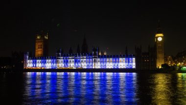 British Parliament Illuminated in Colours of Israeli Flag in Solidarity With Israel After Hamas Attacks, Video Shows Palace of Westminster Lit Up in Blue and White