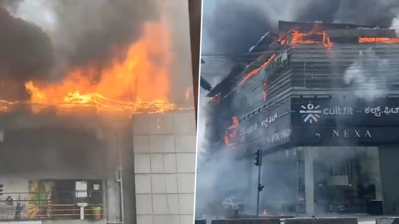 Mudpipe Cafe Fire: Blast Heard After Massive Blaze Erupts at Bengaluru Pub, Man Jumps Off Building to Escape Flames; Horrifying Videos Surface