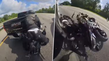 US: Biker’s Daredevil Stunt on Crowded Florida Highway Results in Crash, Leaves Him With 20 Broken Bones (Watch Video)