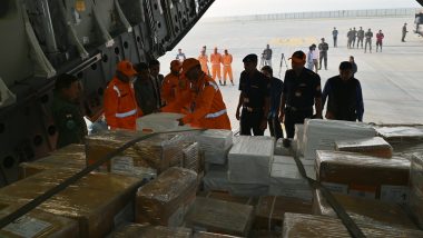 Israel-Hamas War: India Sends Humanitarian Aid to People of Palestine, IAF C-17 Plane Departs With Life-Saving Medicines, Surgical Tools Among Other Essential Items (See Pics and Videos)