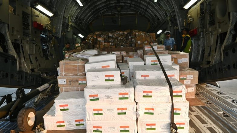 Israel-Hamas War: India Sends Medical Aid, Disaster Relief Material for People of Palestine; Indian Air Force C17 Aircraft Departs From Hindon Airbase (See Pics and Videos)