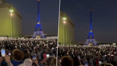 Israel-Palestine War: Eiffel Tower in Paris Lights Up in Israeli Flag Colours, Parisians Sing Israel's National Anthem HaTikvah in Solidarity With Those Killed in Hamas Attacks (Watch Video)