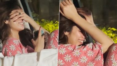 Janhvi Kapoor Laughs and Hides Her Face As She Gets Papped Outside Rumoured Beau Shikhar Pahariya’s House (Watch Video)