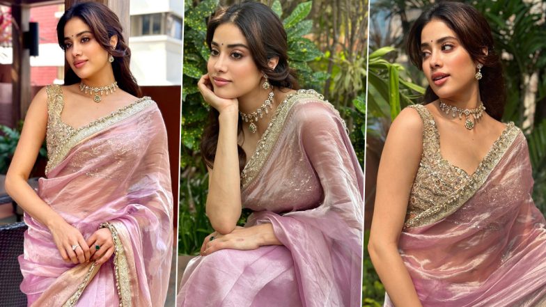 Janhvi Kapoor Exudes Pure Grace in Sheer Lavender Saree Adorned with Golden Embroidery and Gajra (View Pics)