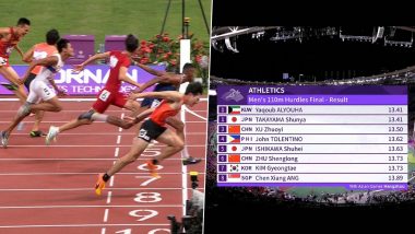 Japan's Takayama Shunya and Kuwait's Alyouha Yaqoub Tie For First Place in Men's 110m Hurdles Final, Share Gold Medal (Watch Video)