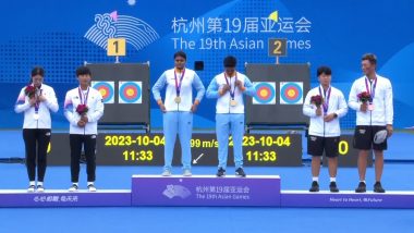 Jyothi Surekha Vennam, Ojas Deotale Receive India’s Historic 71st Medal in Asian Games 2023 After Winning Gold in Archery Mixed Team Compound Event (Watch Video)