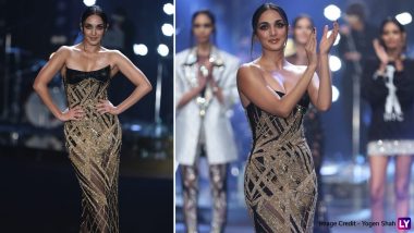 Kiara Advani Looks Ravishing As She Walks for Falguni Shane Peacock in Strapless Black-Golden Gown at Lakme Fashion Week 2023 (Watch Video)