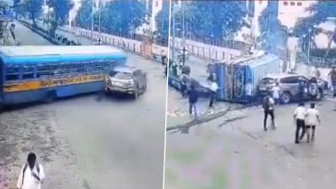 Kolkata Road Accident Video: Speeding Bus Crashes Into SUV After Jumping Red Light at College Junction in Salt Lake Sector 5, Terrifying Clip of Incident Surfaces