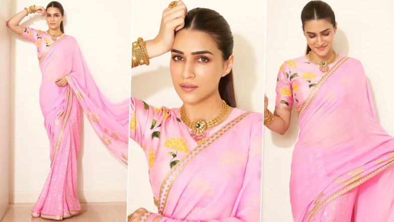 Kriti Sanon is a Vision to Behold in Stunning Pink Saree Paired With Floral Blouse (See Pics)