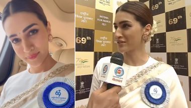 Kriti Sanon at 69th National Film Awards! Mimi Star Opts For White Saree With Golden Border For The Gala Event (View Pics & Video)