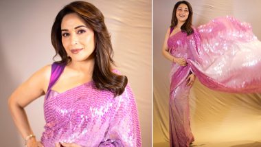Madhuri Dixit's Sequin Saree Paired With Sleeveless Blouse Is Perfect Choice for Diwali Party (View Pics)