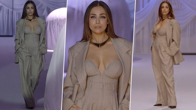 Lakme Fashion Week 2023: Malaika Arora Exudes Boss Lady Vibes in Chic Top, Oversized Blazer and Wide Pants For Designer Shweta Kapur (Watch Video)