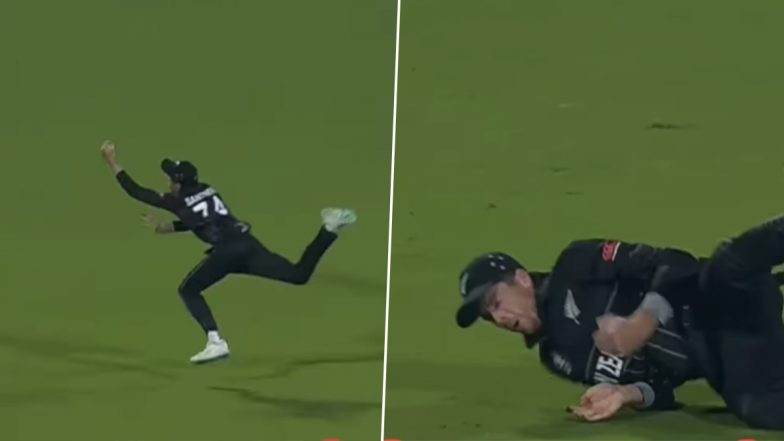 Screamer Alert! Mitchell Santner Pulls Off Sensational One-Handed Catch To Dismiss Hashmatullah Shahidi During NZ vs AFC ICC Cricket World Cup 2023 Match (Watch Video)