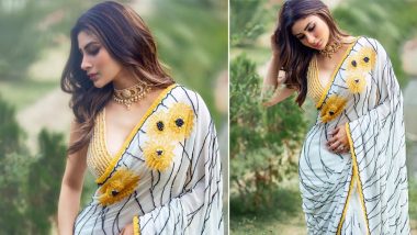 Mouni Roy Looks Ethereal in Floral White and Yellow Saree Paired With a Neck Plunging Blouse (See Pics)