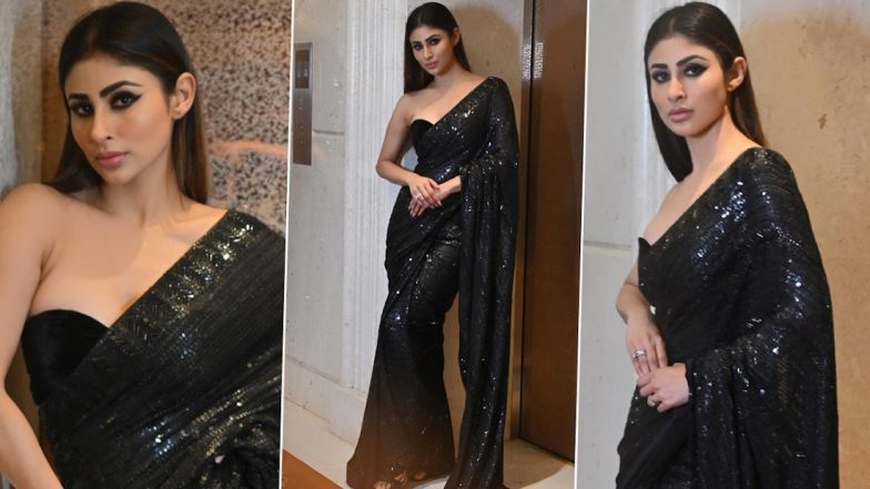 Mouni Roy is a Total Stunner in Shimmery Black Saree Paired With Matching Strapless Blouse (See Pics)