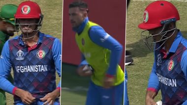 Oops! Mujeeb Ur Rahman Forgets His Groin Guard While Coming Out to Bat During BAN vs AFG ICC Cricket World Cup 2023 Match, Teammate Fetches it Later (Watch Video)