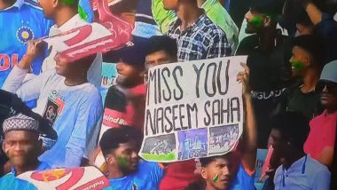 ‘Bengalification of Naseem Shah’ Spectator Holds Placard Reading 'Miss You Naseem Saha' During PAK vs BAN CWC 2023 Match in Kolkata, Netizens React to Bengali Version of Injured Pakistan Pacer's Name