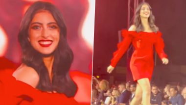 Navya Naveli Nanda Makes Her Runway Debut in Off-Shoulder Mini Red Dress at Paris Fashion Week 2023 (Watch Video)