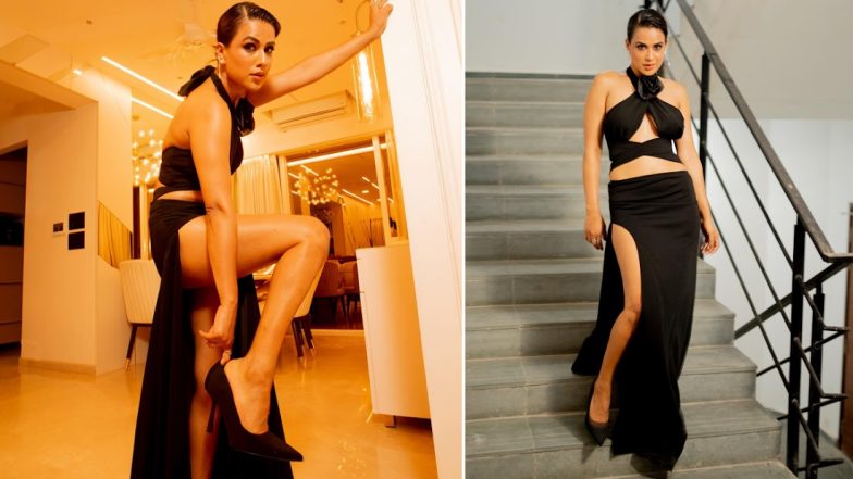 Nia Sharma Flaunts Sultry Bod in Revealing Black Halterneck Dress With Thigh-High Slit (See Pics)