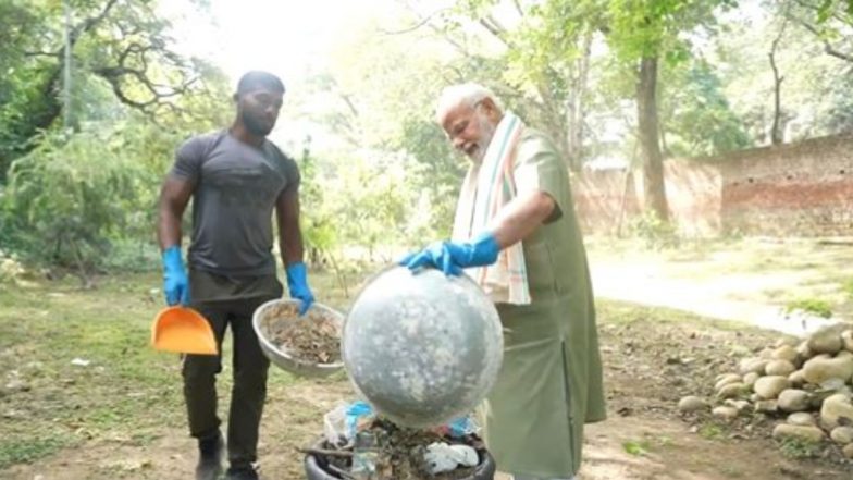 ‘Swachh and Swasth Bharat Vibe’! PM Narendra Modi Blends Fitness and Well-Being Into Cleanliness Exercise With Ankit Baiyanpuriya (Watch Video)