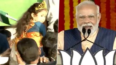 'A Big Thank You': PM Narendra Modi Thanks Little Girl for Coming Dressed As 'Bharat Mata' to His Rally in Nizamabad (Watch Video)