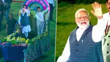 PM Narendra Modi Attends National Games 2023 Opening Ceremony, Takes Lap at Fatorda Stadium in Goa (Watch Video)