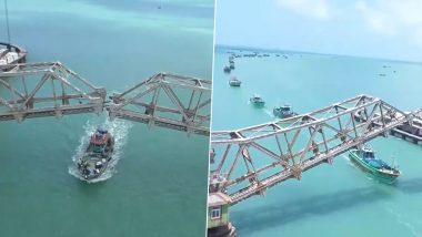 Pamban Bridge Opening Video: Over 50 Boats Cross Sea Bridge After Southern Railway Opens Suspension Railway Bridge in Pamban for Fishing Boats in Rameswaram, Viral Clip Surfaces