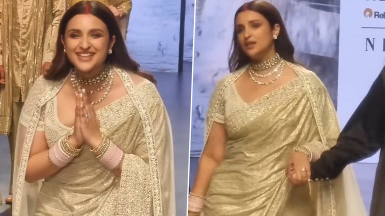 New Bride Parineeti Chopra Looks Stunning In an Ivory Saree, Proudly Flaunts Her Pink Chooda and Sindoor at Lakme Fashion Week 2023 (Watch Video)