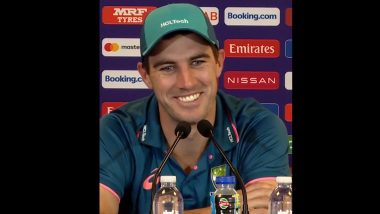 Australia Captain Pat Cummins Can't Stop Smiling While Answering Question on England's Defeat to Sri Lanka in ICC Cricket World Cup 2023, Video Goes Viral