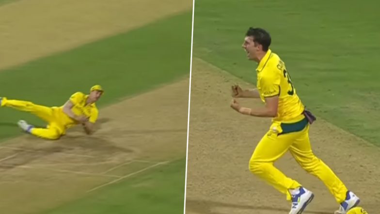 Blinder! Pat Cummins Takes Diving Catch to Dismiss Babar Azam During AUS vs PAK ICC Cup 2023 Match (Watch Video)