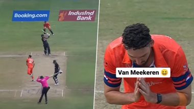 Netherlands' Bowler Paul van Meekeren Folds Hands for ‘Thanking’ Daryl Mitchell After His Powerful Strike Hits Stumps at Non-Striker’s End During NZ vs NED CWC 2023 Match (Watch Video)