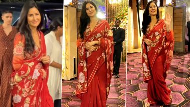 Katrina Kaif Attends Star-Studded Navratri Celebrations; Tiger 3 Actress’ Chic Appearance in Red Saree Makes Fans Think She’s ‘Pregnant’ (Watch Video)