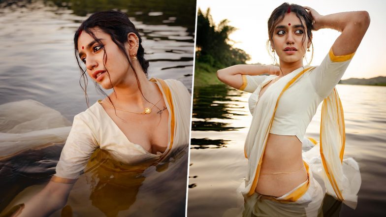 Priya P Varrier, The Famous 'Wink Girl,' Flaunts Subtle Sexiness in an Off-White and Orange Saree (View Pics)