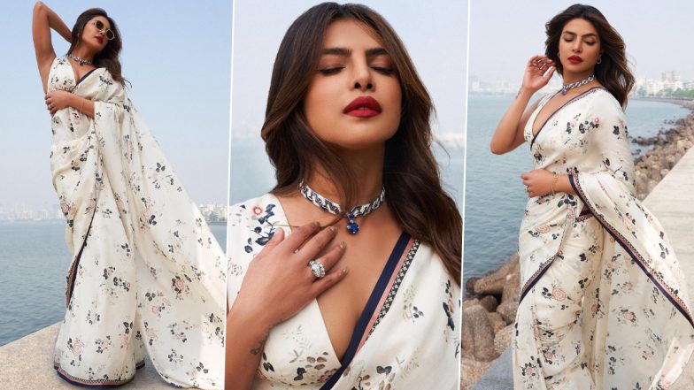 Priyanka Chopra Is Epitome of Beauty As She Poses in Floral Sabyasachi Saree at Mumbai's Marine Drive (View Pics)