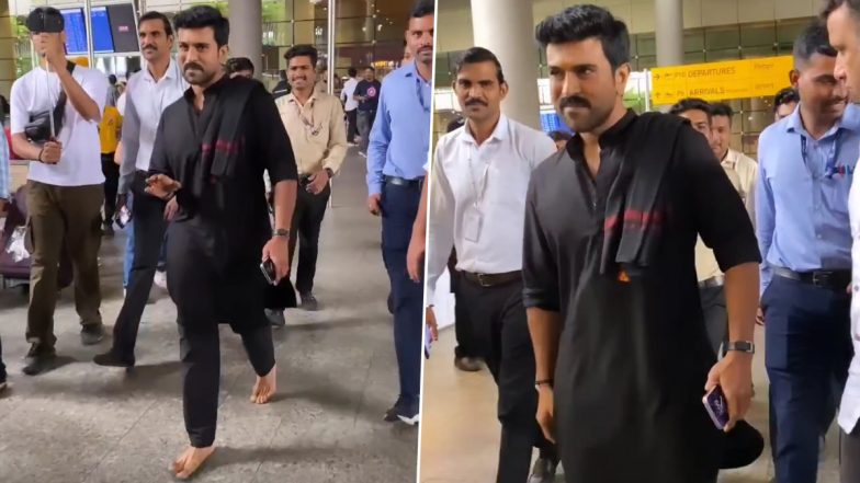 Ram Charan Spotted at Mumbai Airport! Game Changer Actor Seen Walking Barefoot in This Viral Video