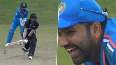 Rohit Sharma Bursts out Laughing After Chinaman Bowler Kuldeep Yadav’s 114 Kmph Delivery Hits Daryl Mitchell During IND vs NZ CWC 2023 Match, Video Goes Viral!