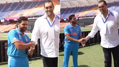 Rohit Sharma Meets The Great Khali in Ahmedabad's Narendra Modi Stadium Ahead of ICC World Cup 2023, Video Goes Viral!