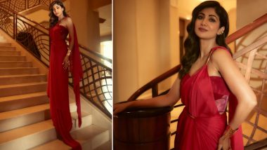 Shilpa Shetty is a Vision to Behold in Red Chiffon Saree Paired With Matching Off-Shoulder Blouse (See Pics)