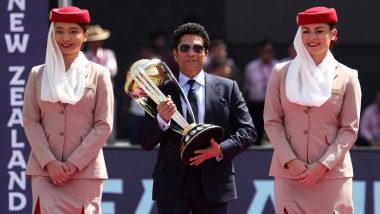 Sachin Tendulkar Carries ICC World Cup 2023 Trophy While Entering Narendra Modi Stadium at the Start of ENG vs NZ CWC Opening Match, Pictures Go Viral!