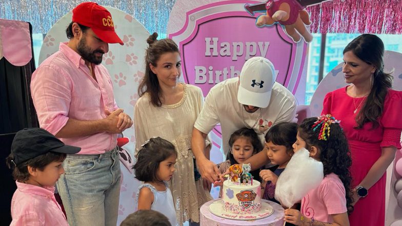 Saif Ali Khan and Taimur Twin in Pink at Inaaya Naumi Kemmu’s Birthday Celebration! Check Out Pics of the Cool Father–Son Duo